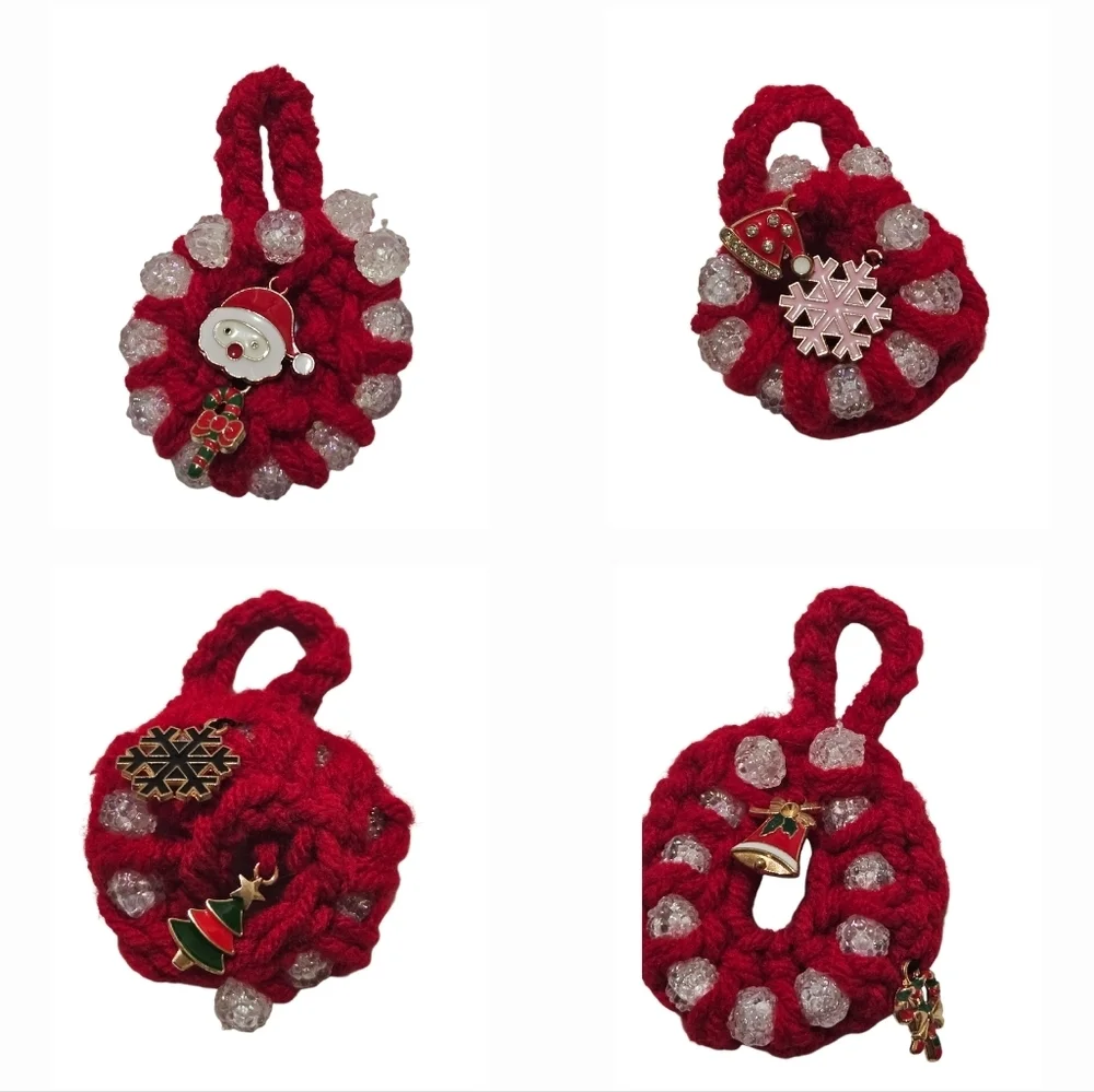 Hand Crafted Hand Crochet Christmas ornaments red beaded 8 mini holiday wreaths